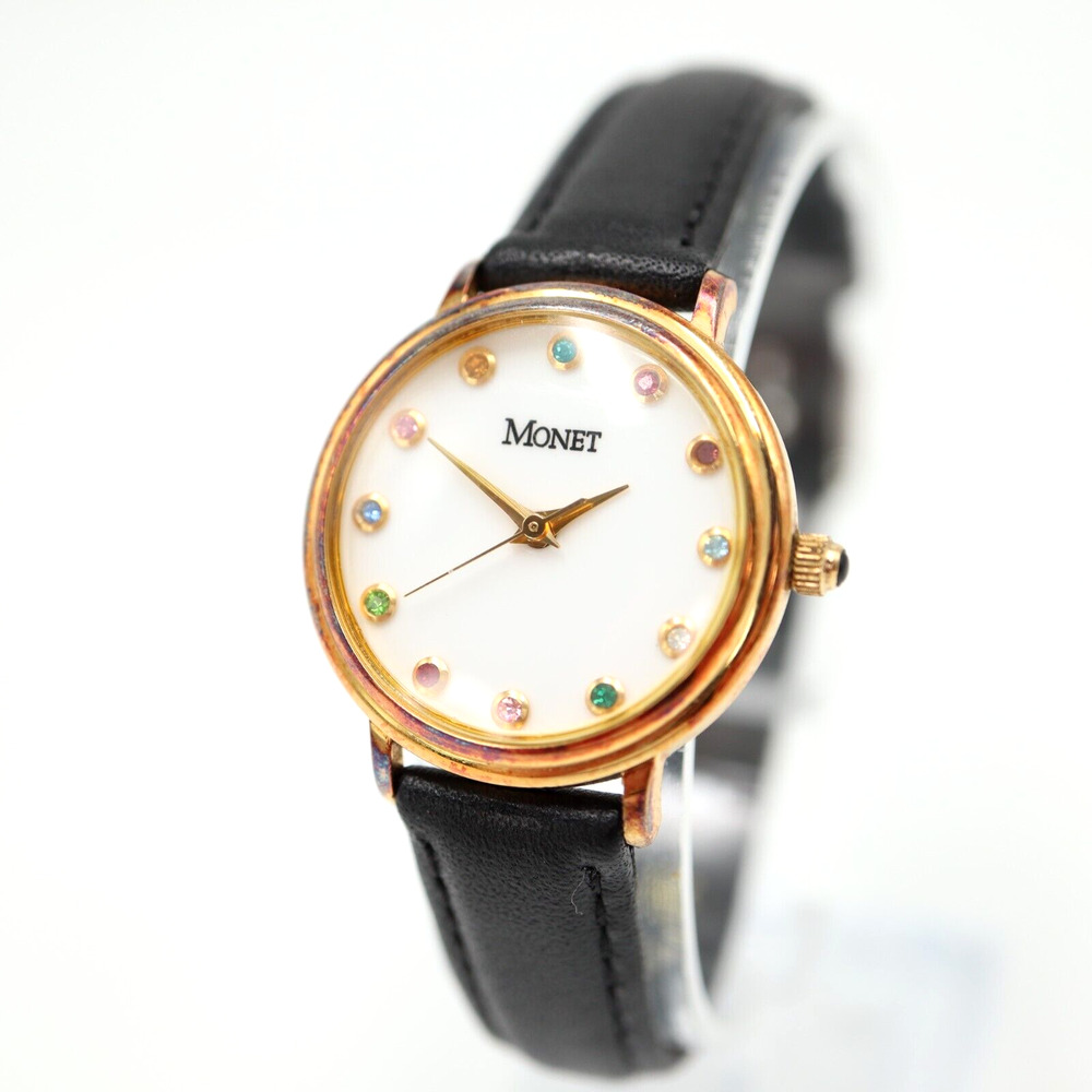 Monet Gold Tone Watch 25mm White Colorful Gem Dial Black Leather w New Battery